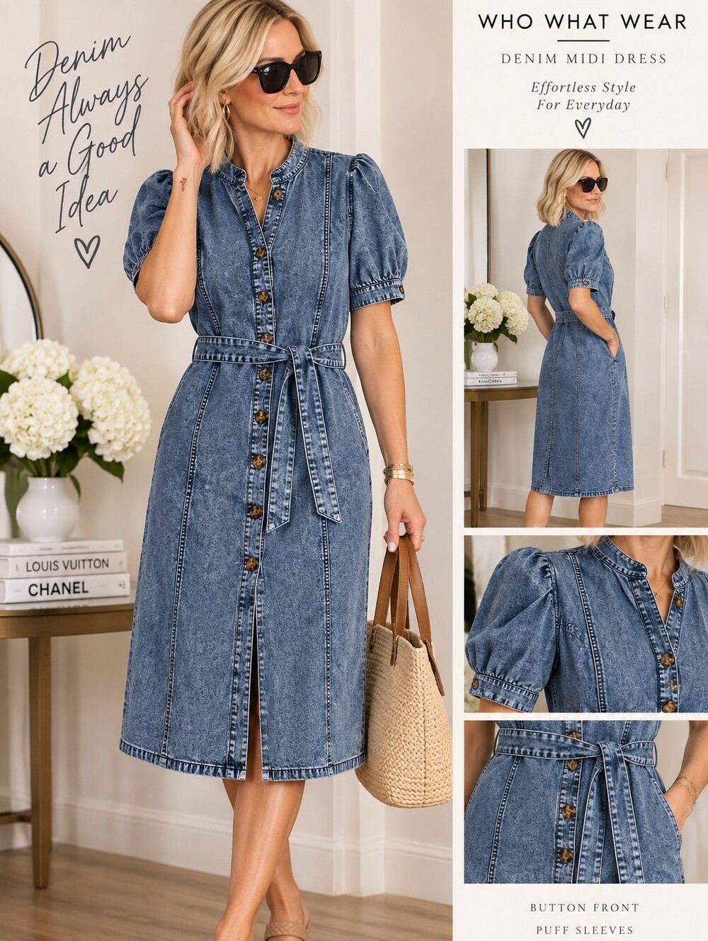 Who What Wear Acid Wash Denim Puff Sleeve Belted Midi Dress Size M